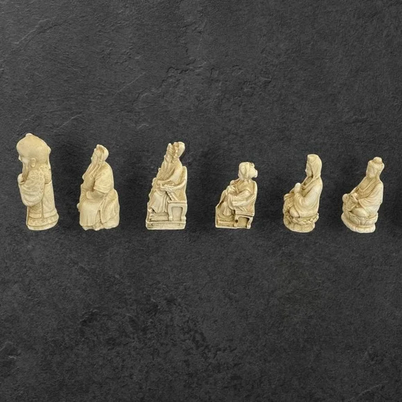 Vintage Chinese Resin Figurines Set of 6 Faux Ivory Decor Mid Century Intricate‎